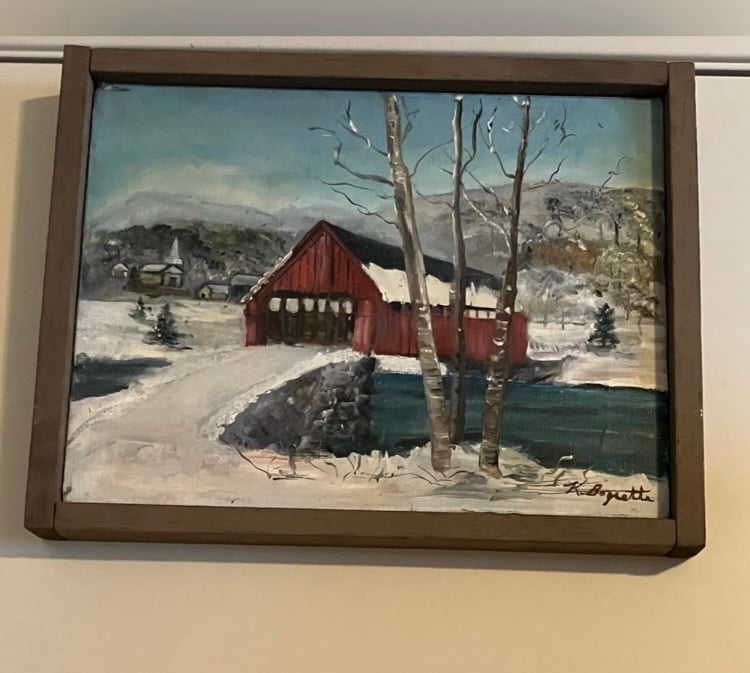 Vintage Winter Landscape Oil Painting Red Covered Bridge Signed