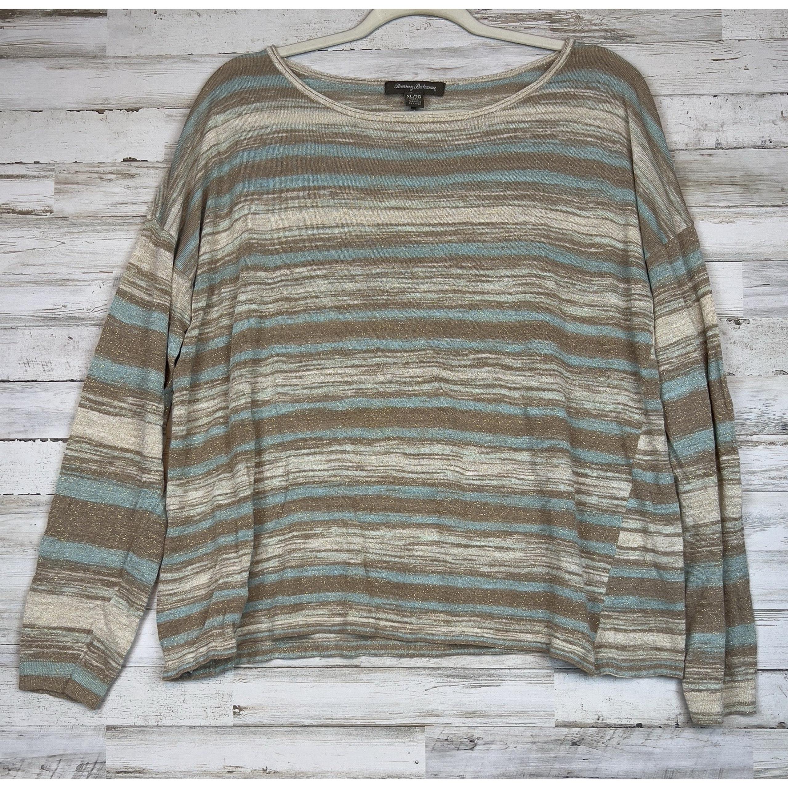 Tommy Bahama Sweater Womens XL Long Sleeve Lightweight Blue Tan Shimmer