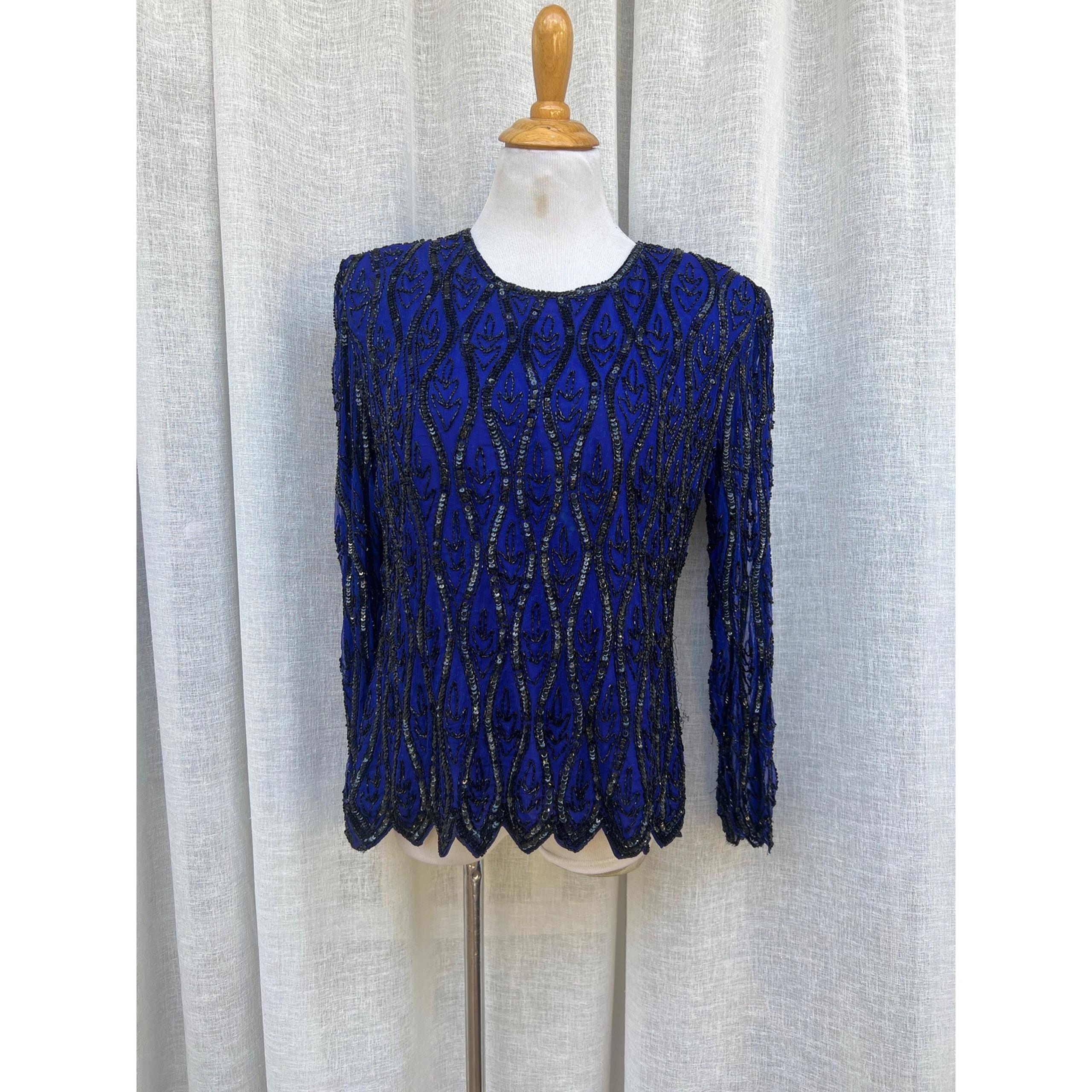 Stenay Silk Beaded Royal Blue Long Sleeve Blouse sz L