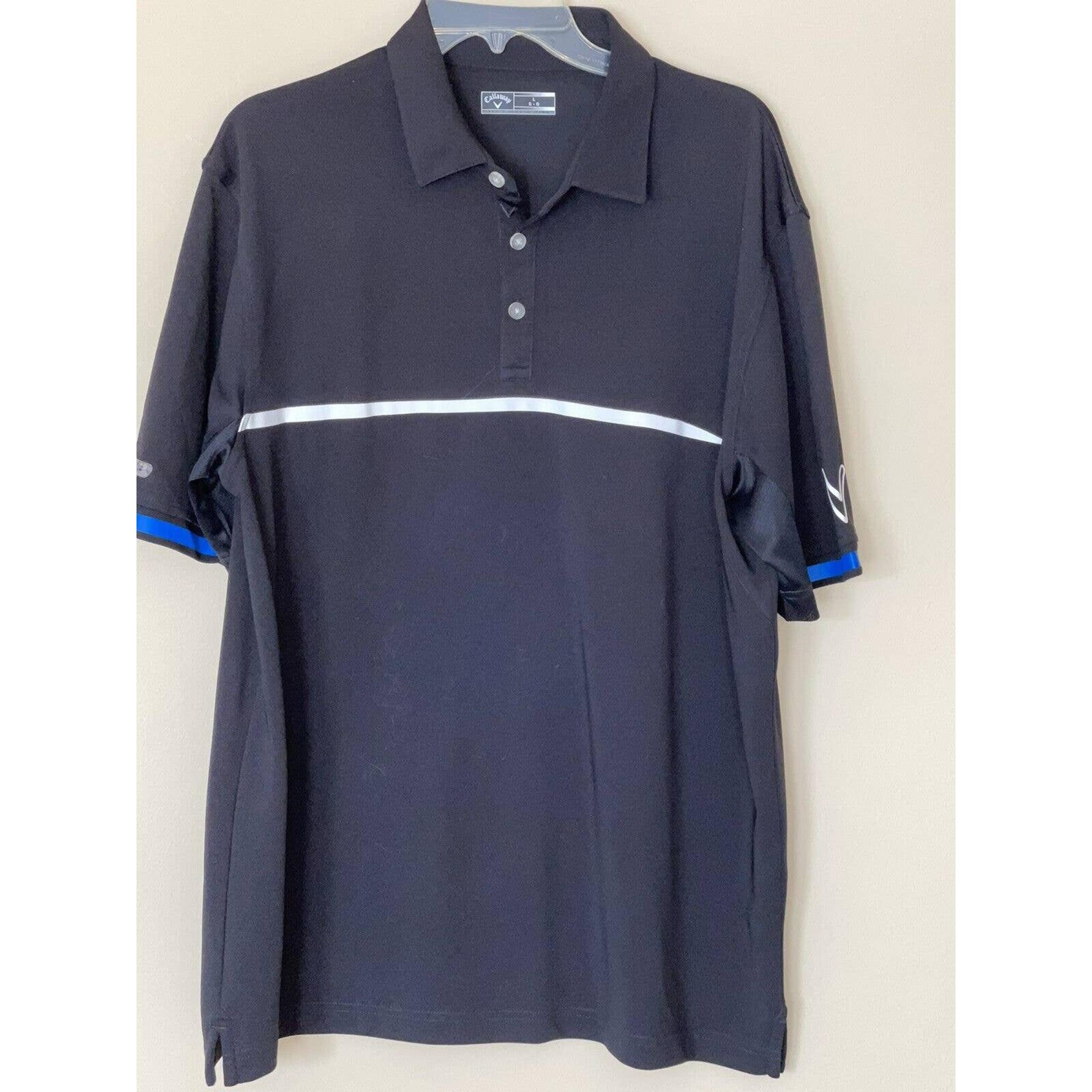 Callaway Golf Polo Shirt Mens Large Black W/White Line Chest Blue Line Sleeves