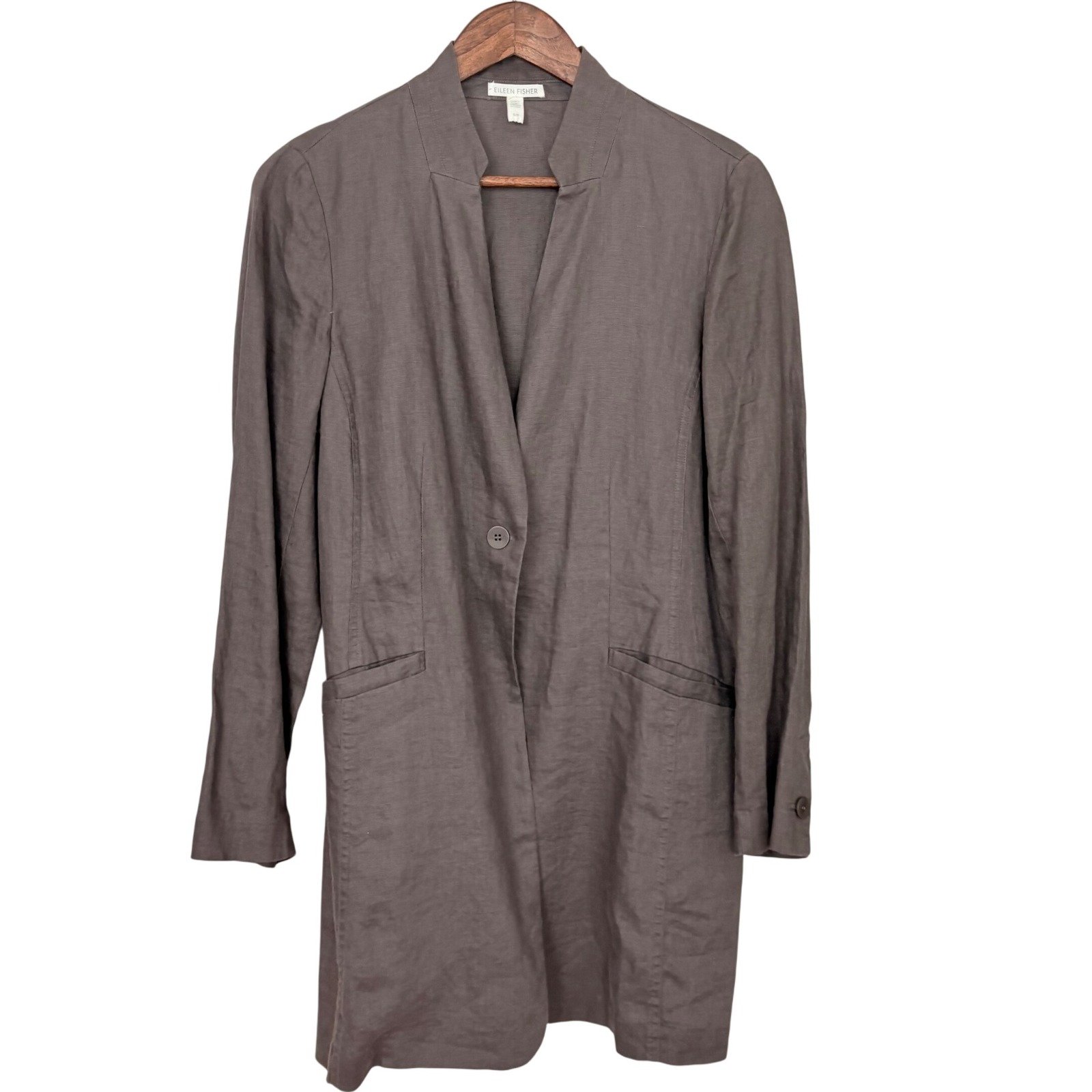 EILEEN FISHER Women Organic Linen Brown Midi Blazer Size Small Lagenlook Minimal