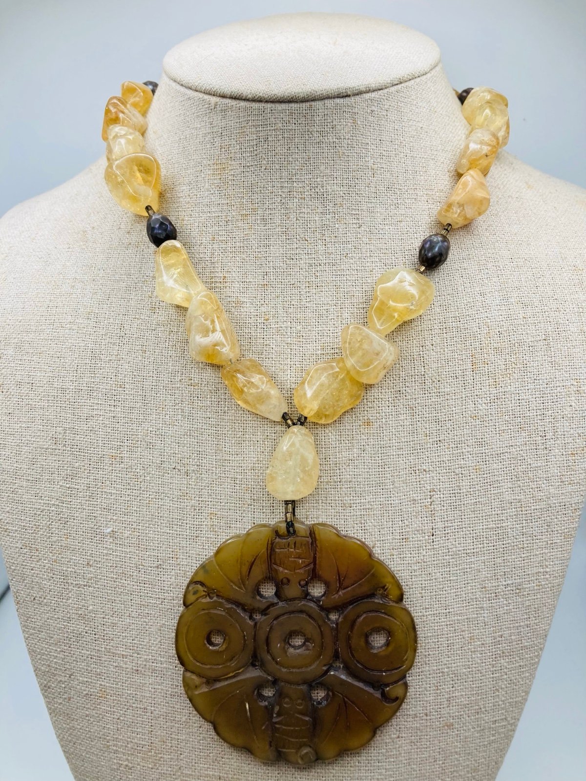 Handmade natural citrine Faceted pearl carved pendant Necklace