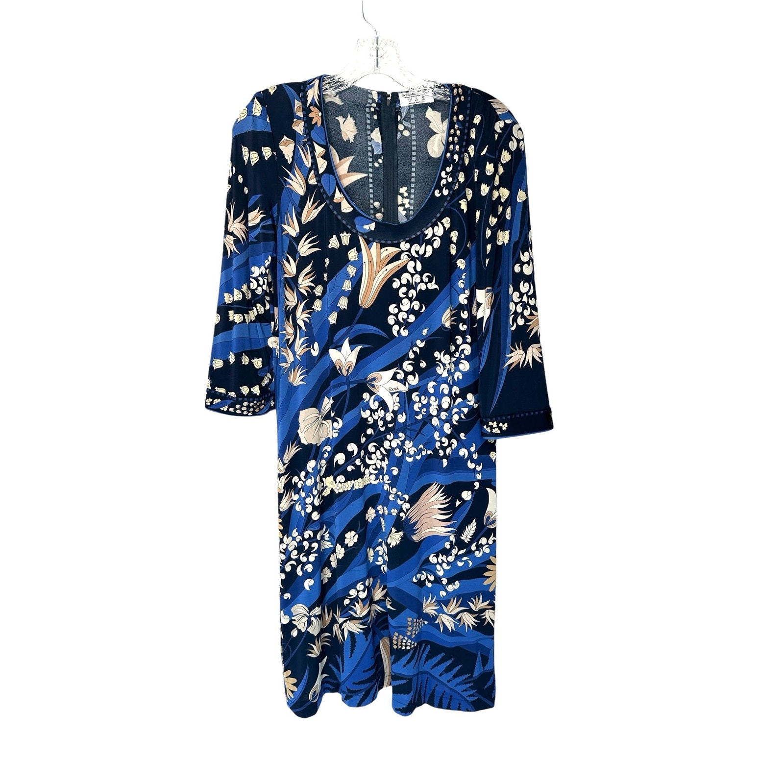 Vintage Averardo Bessi Blue Tan Floral Work Career Stretch Sheath Dress Size 8