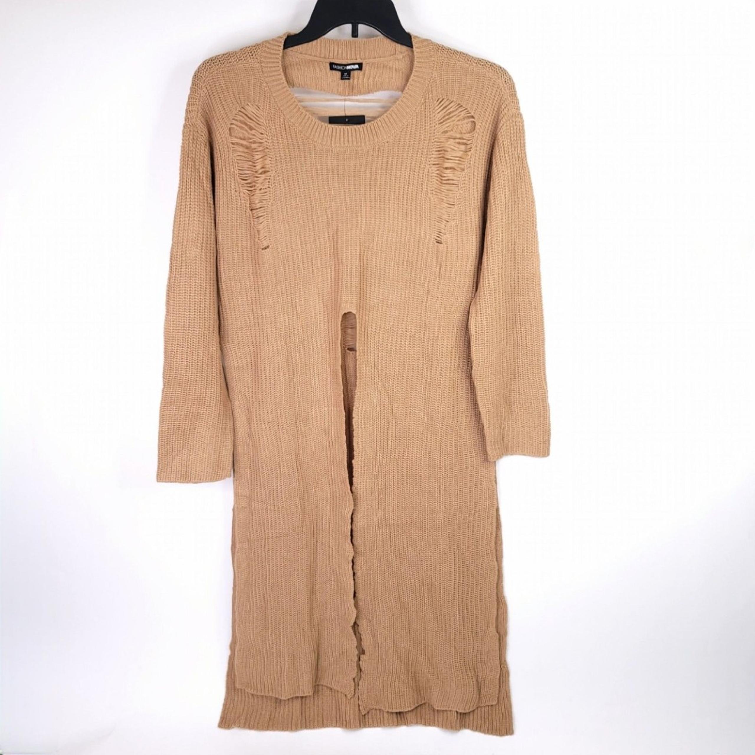 Fashion Nova Sweater Womens Medium Pullover Knit Long Tie Slit Distressed Crew
