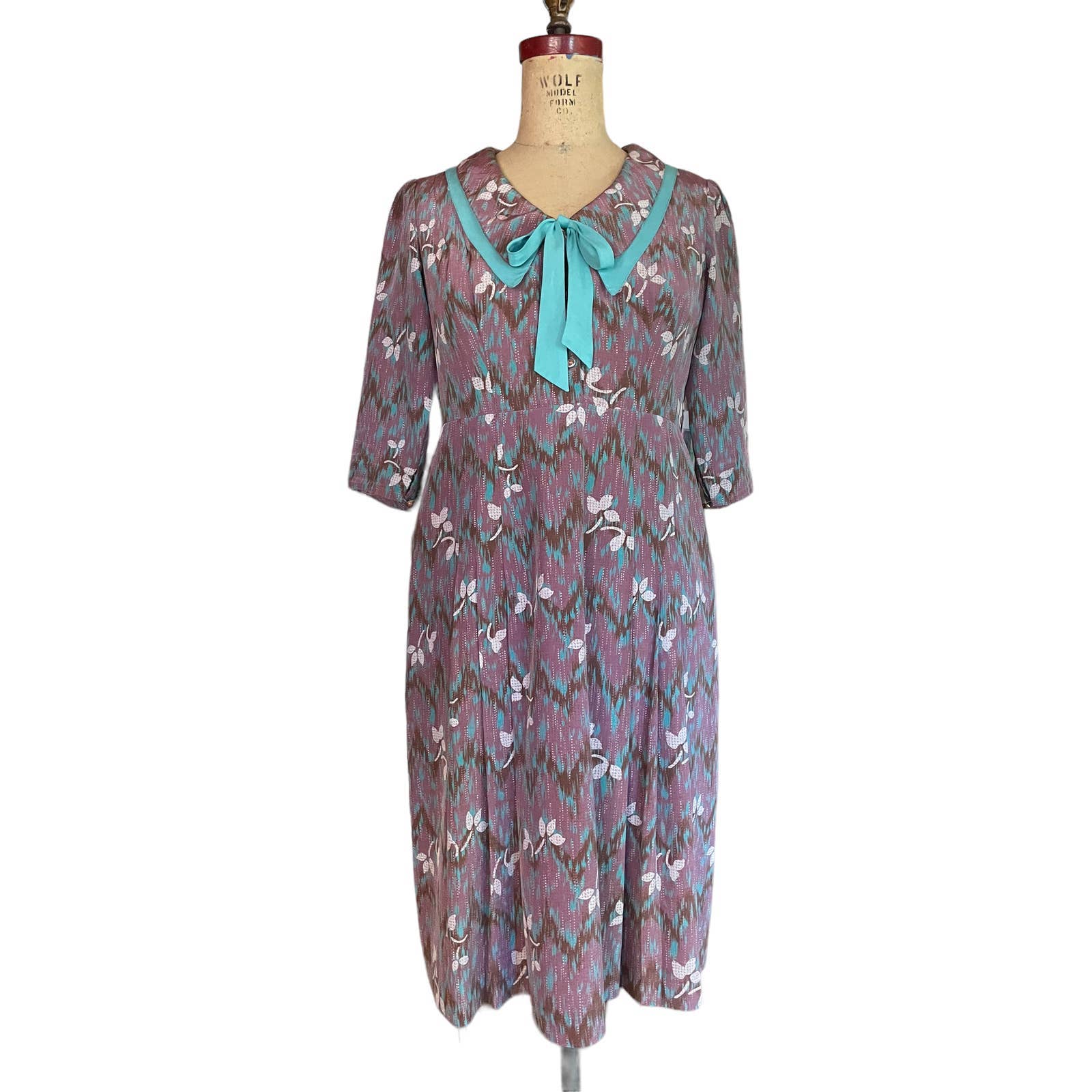Vintage Womens Midi Dress Multicolor Floral Print Collar 3/4 Sleeve Large
