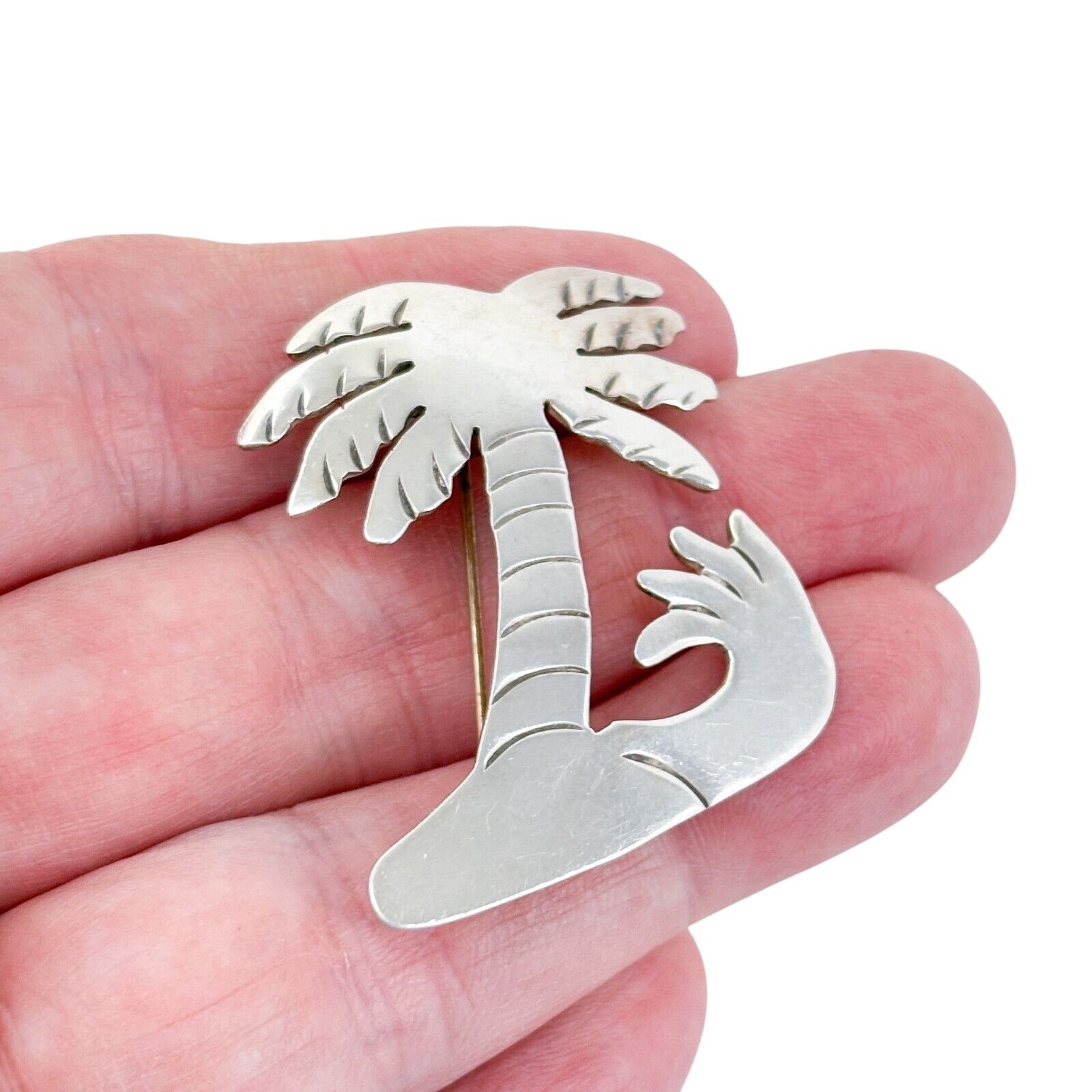 Vintage Mexico Taxco TM-135 Sterling Silver 925 Palm Tree Ocean Wave Pin Brooch