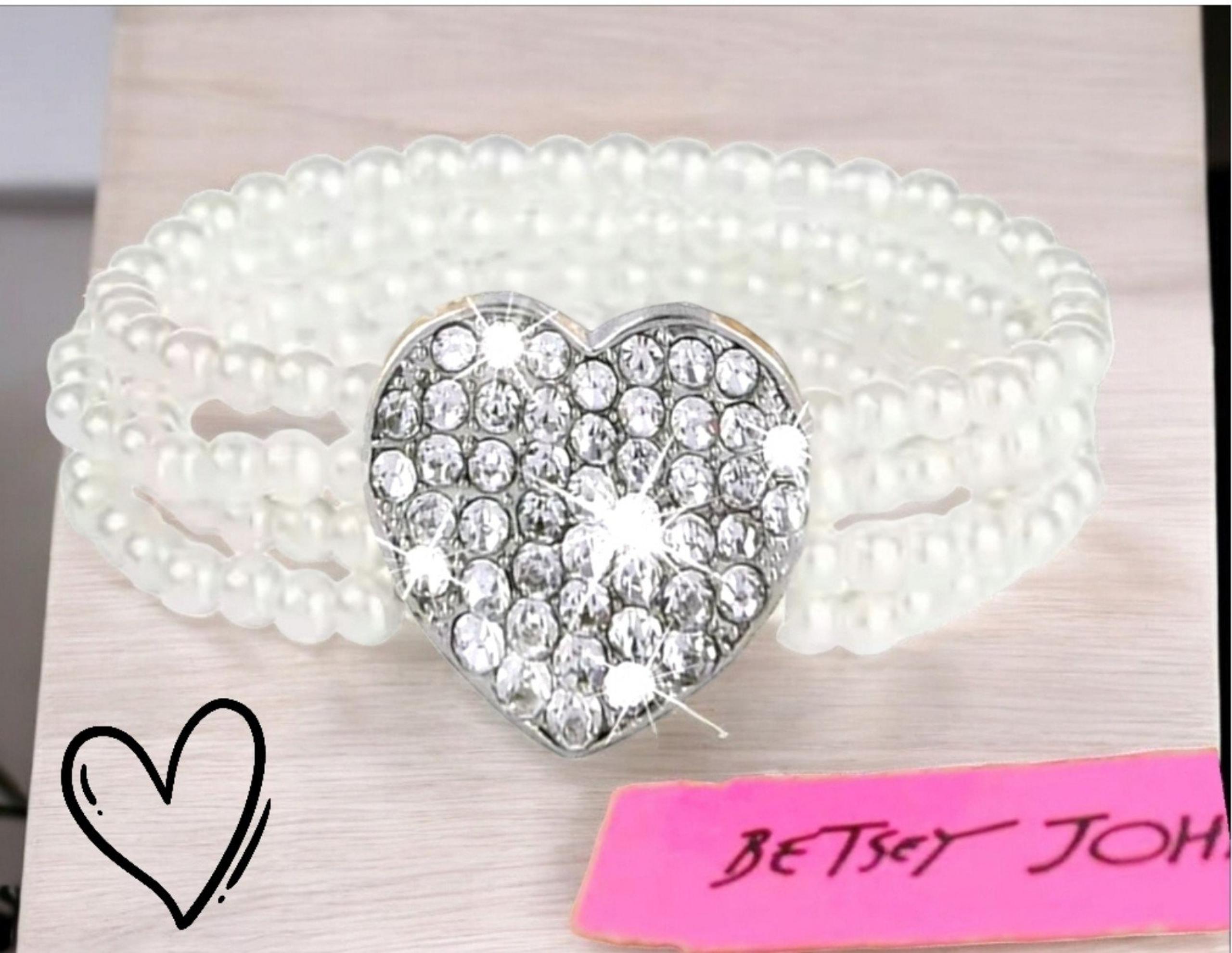 # 760 Silver crystal heart Multi stacked pearl bracelet with adjustable chain