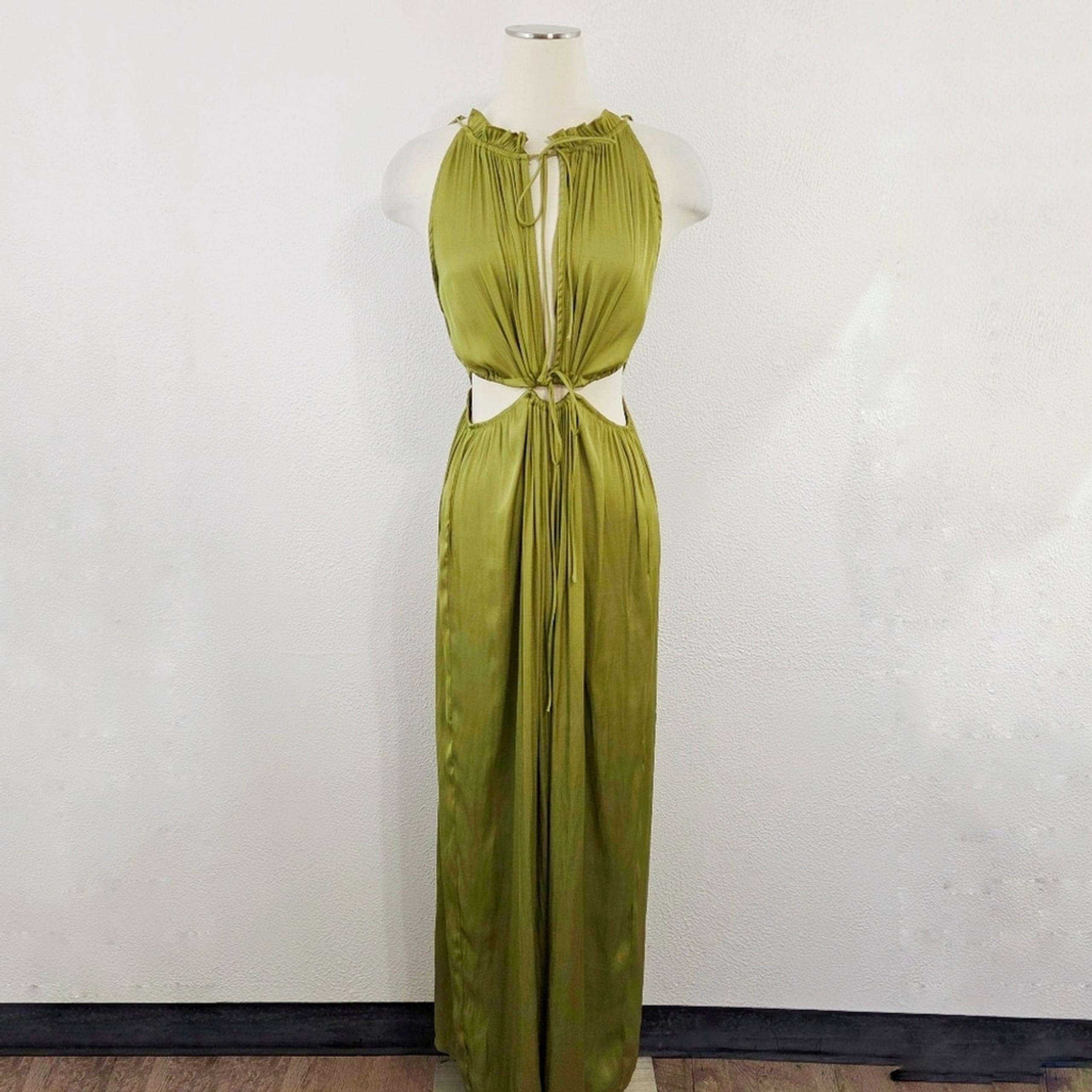 Melrose With Love Olive Green Satin Jumpsuit Cutouts Keyhole Goddess Size Medium