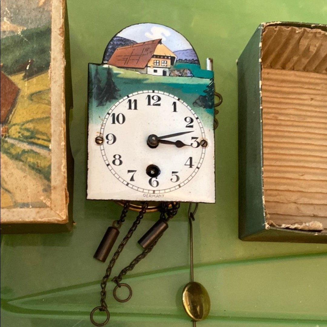 Vintage Germany enamel Charming Wall Clock with Scenic Design and key and box