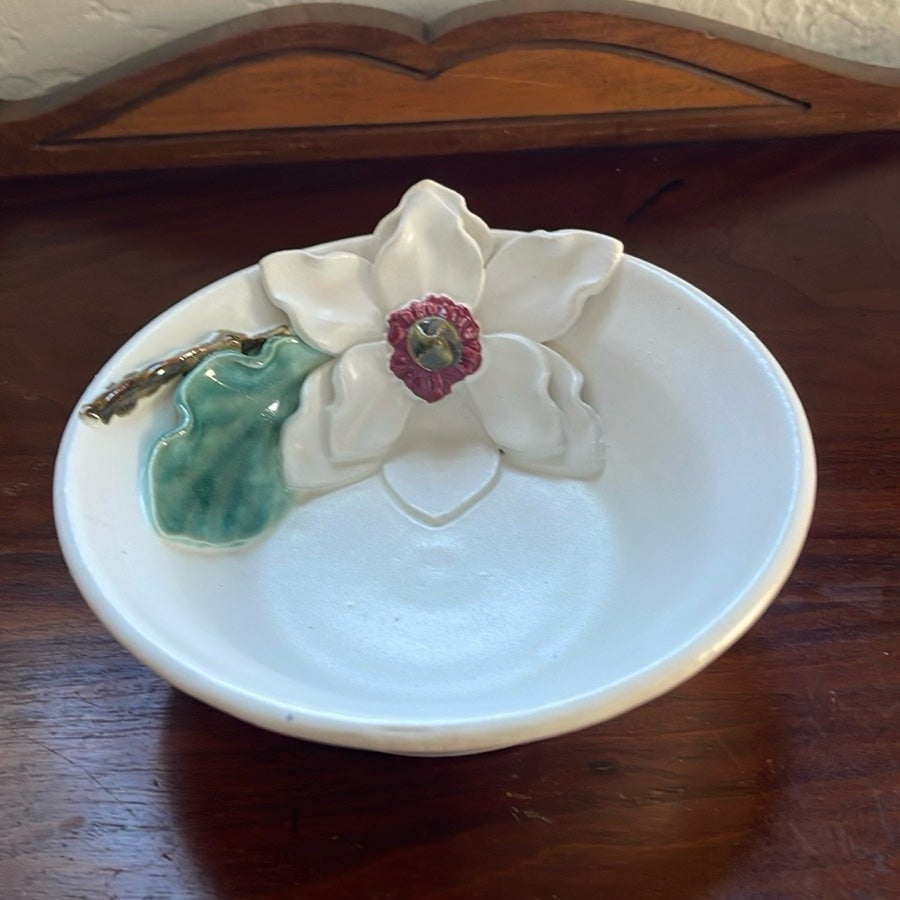 Vintage Jana Kozon Kausalik Art Pottery Bowl With Applied Magnolia Blossom