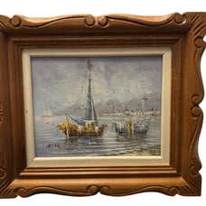 Vintage Original Harbor Boats Oil Painting On Canvas Artist Signed Hill Framed