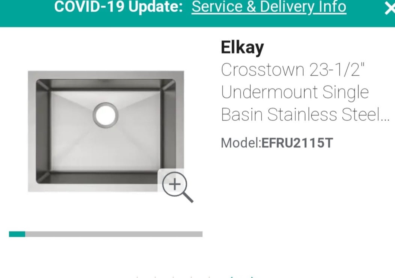 Elkay Crosstown 23-1/2 Undermount Single Basin Stainless Steel Kitchen Sink