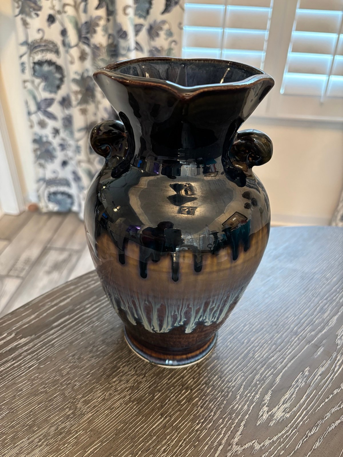 Blue 9 3/8 Bill Campbell Drip Glaze Art Pottery Handled Ram Vase ~signed ~
