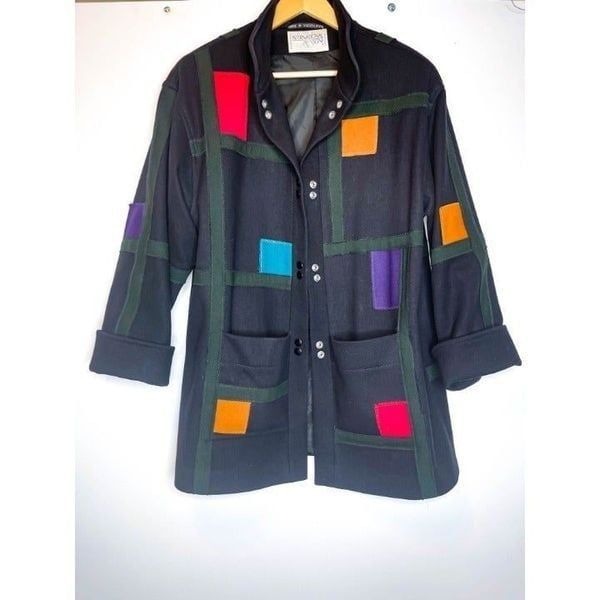 Vintage Retro Black Wool Colorblock Coat