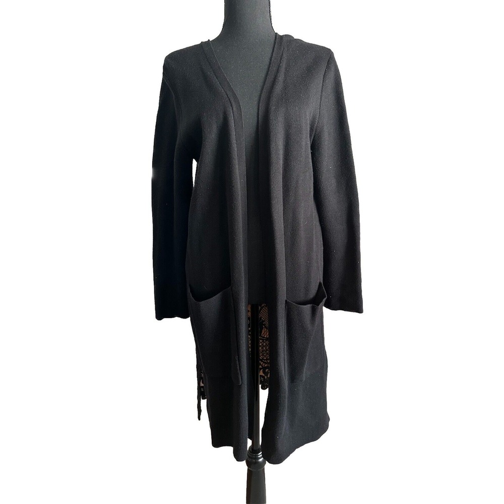 Mika Mindel Miri Long Open Front Black Delicate Embroidered Cardigan Medium