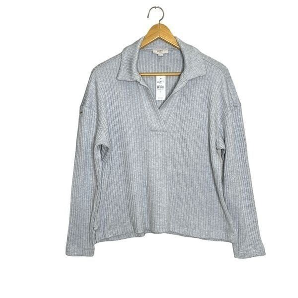 Loft Womens Grey Long Sleeve Stretch Collared V Neck Ribbed Sweater Size Medium