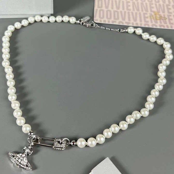 Vivienne Westwood Silver Safety Pin Pearl Necklace