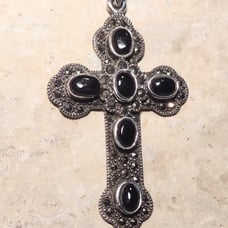Vintage Sterling Silver Marcasite Cross Pendant Necklace Art Deco Style