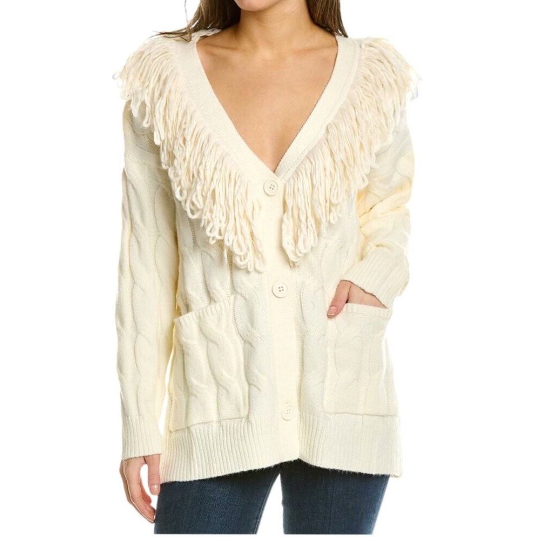 Max Studio Cream Fringe Cable Knit Button Front Long Sleeve Cardigan Sweater