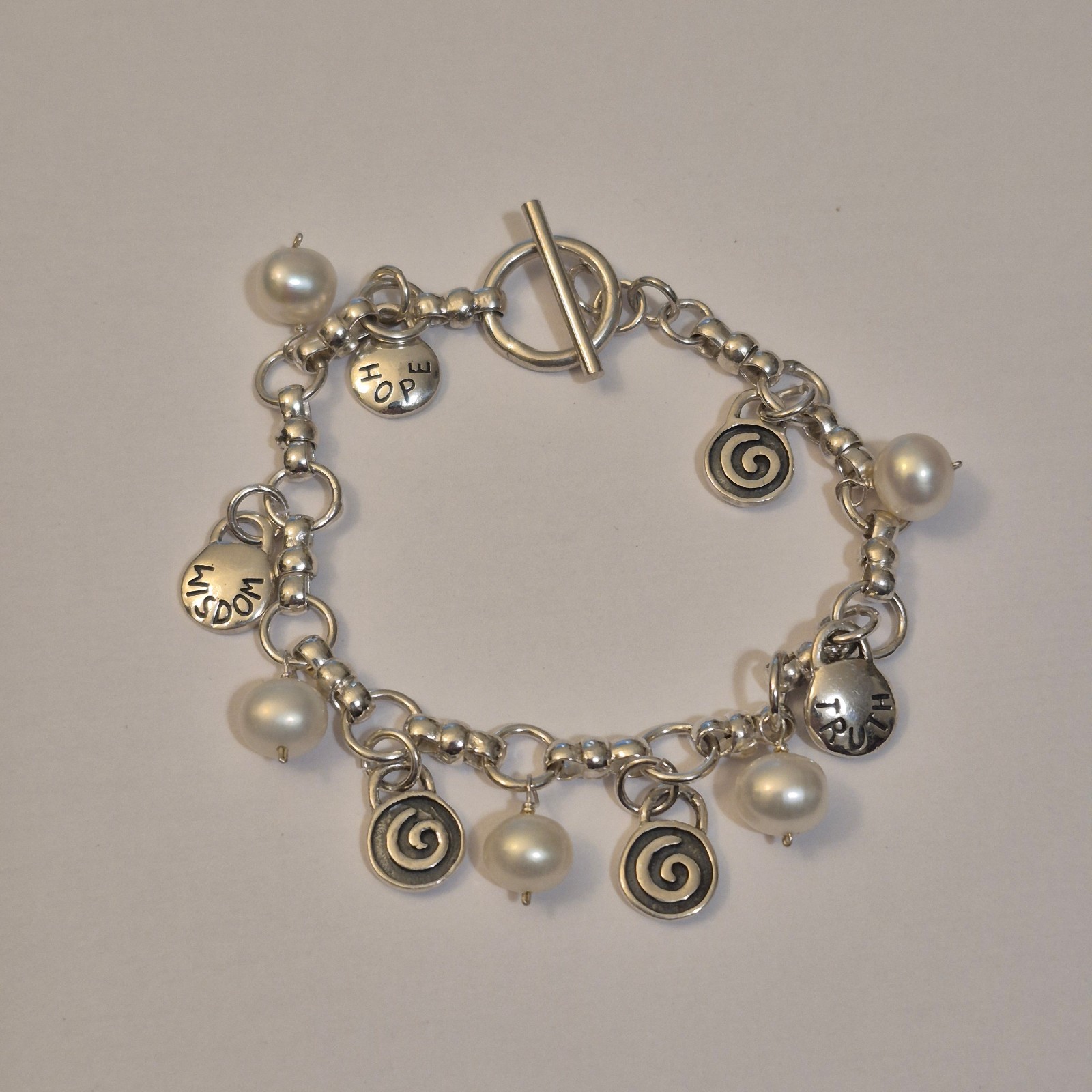 Sterling Silver Cultured Pearl Bracelet - Hope Wisdom Peace Strength Truth Love