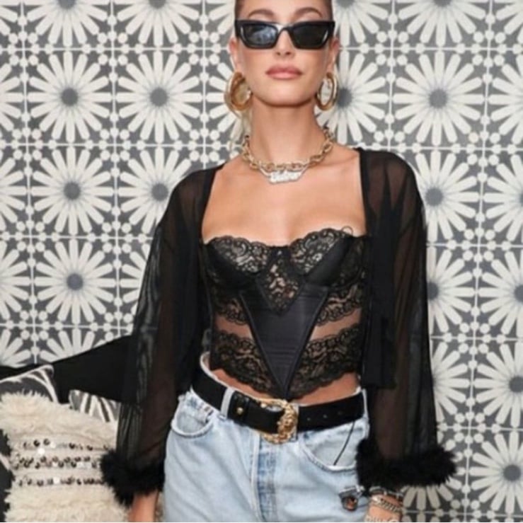(36B) Vintage Christian Dior Bustier Top Black Lace Corset Strapless Bra