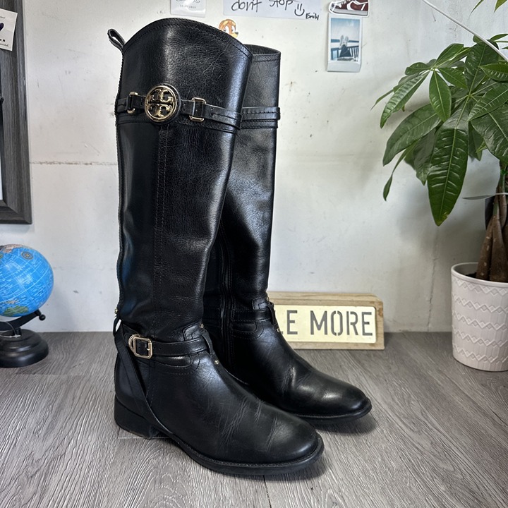 Tory Burch Calista Black Leather Knee High Riding Boots Size 5.5 MSRP 495