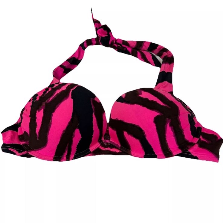 Y2K Vintage Victorias Secret 34B Bombshell Bikini Top Zebra HH9 Pink Black #3675