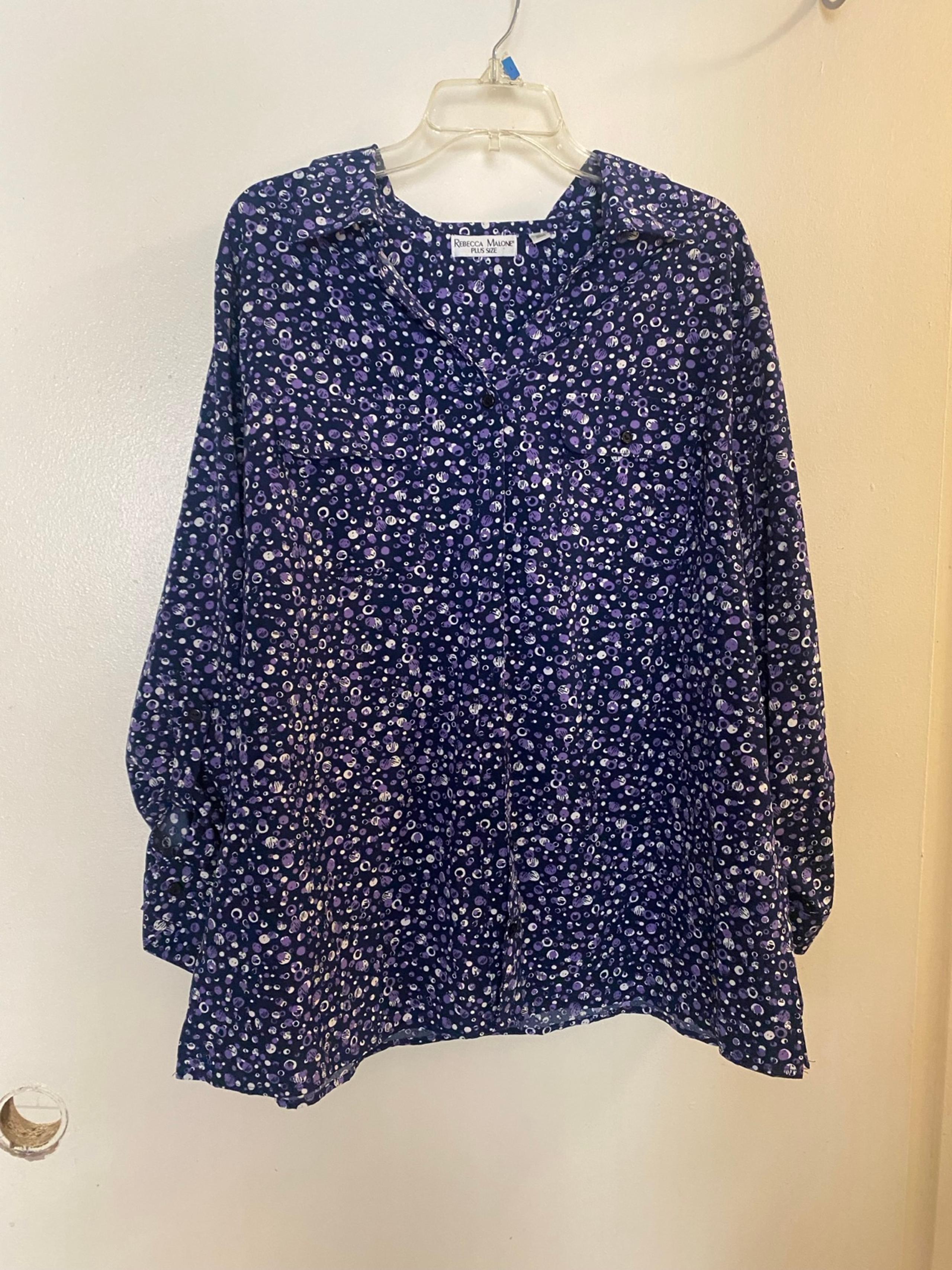Rebecca Malone Womens Plus Size 2X 2XL Button Up Blouse Purple White Print 50”