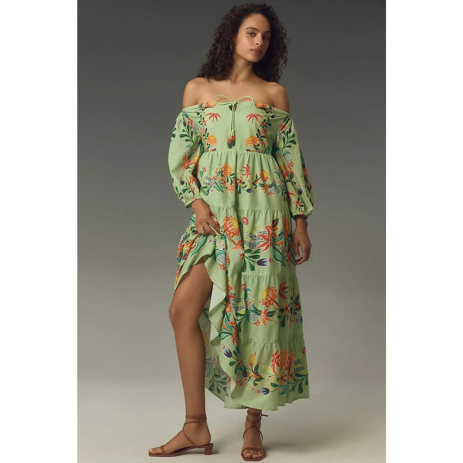 NWT Farm Rio Anthropologie Off-The-Shoulder Tiered Floral Midi Dress Sz M #9H419