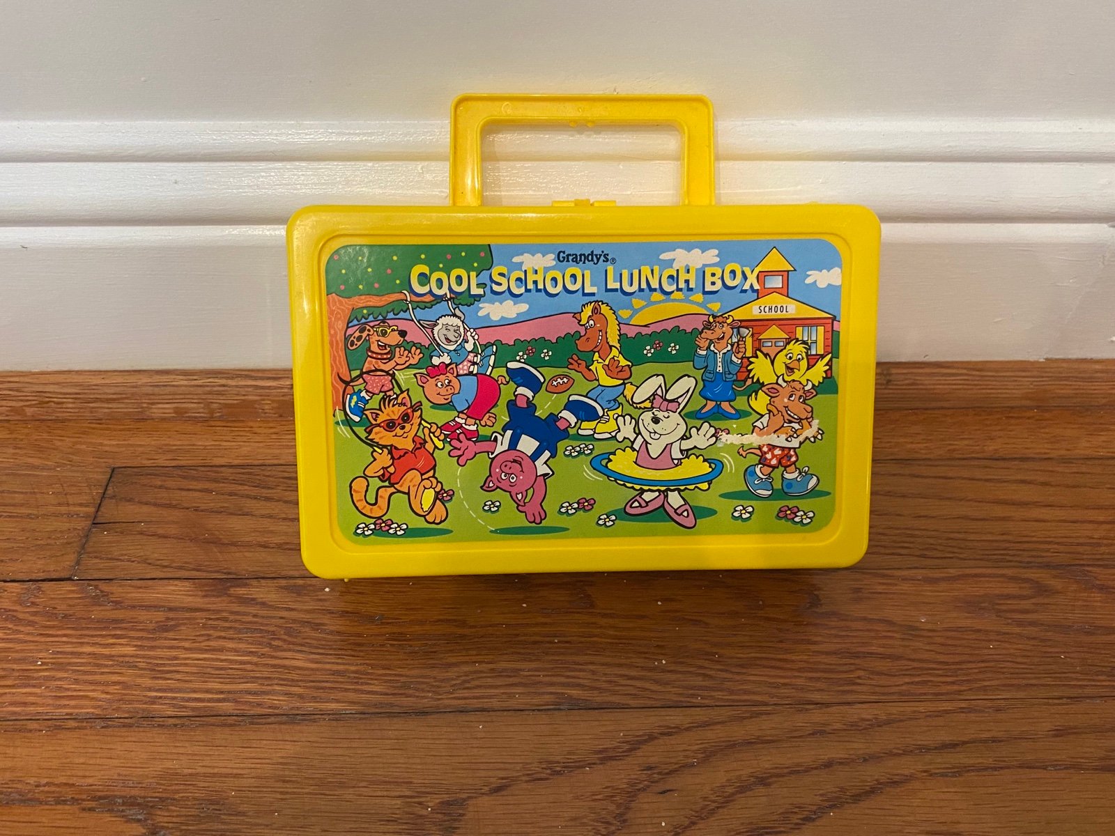Vintage Grandy’s Cool School Lunchbox Yellow Plastic Lunch Box Pencil Crayon