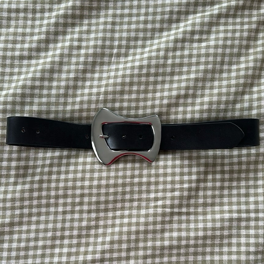 Anthropologie Leather Black Belt with Funky Silver Buckle