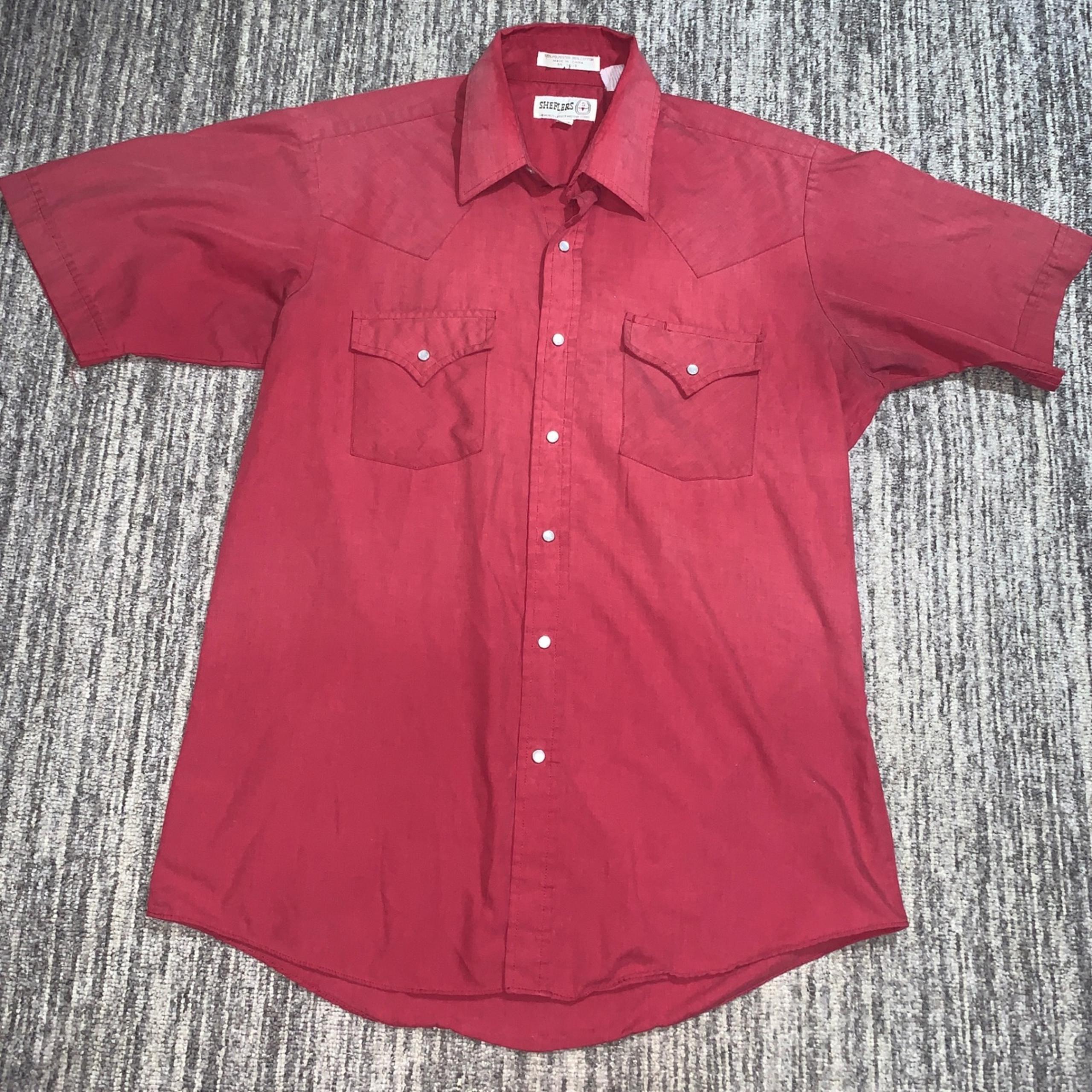 Sheplers Western Shirt Short Sleeve Pearl Snap Red Cowboy Size 15 1/2 Medium *
