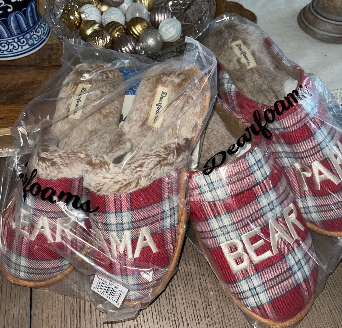 Mama/Papa Bear Dearfoams Red Plaid Scuff Slippers