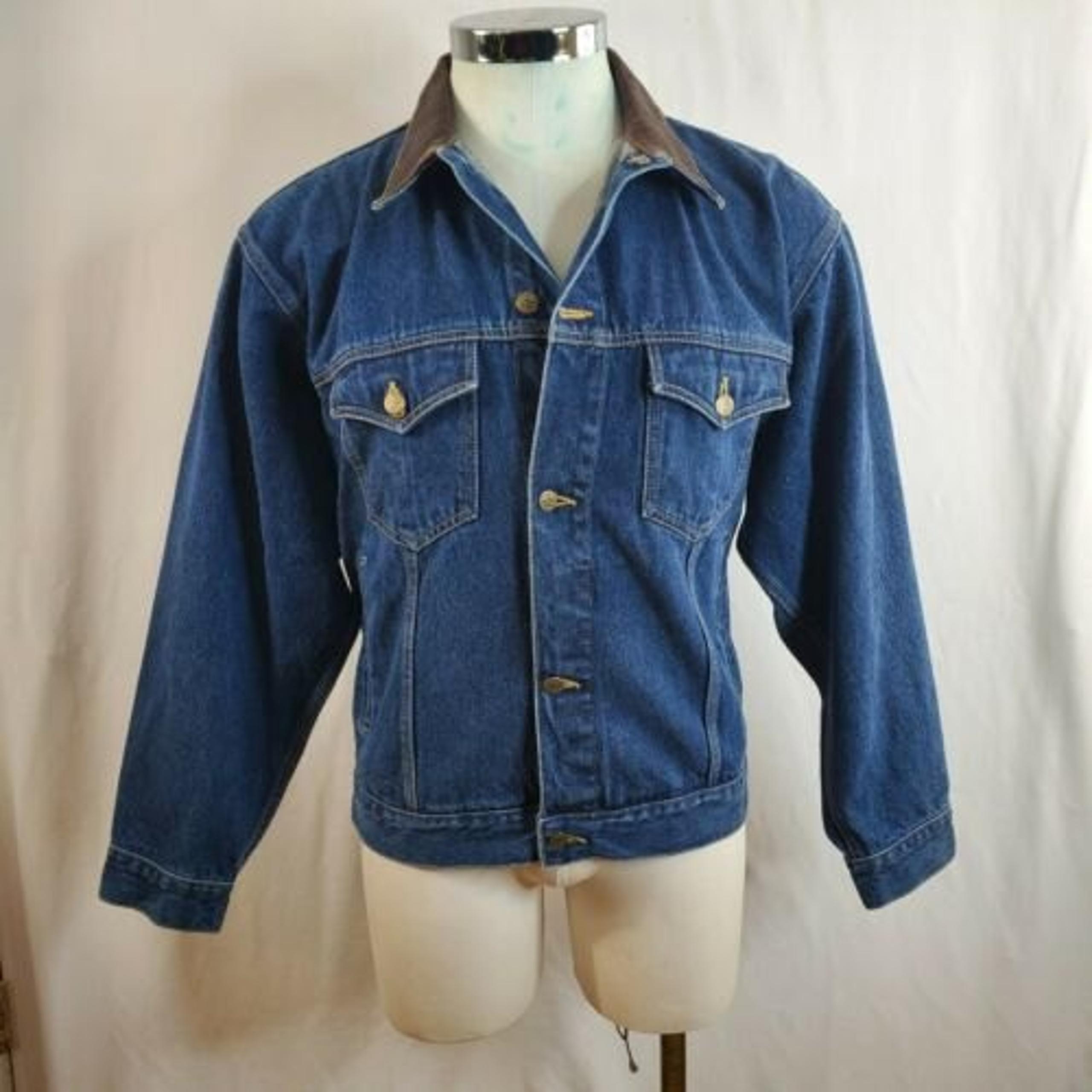 VTG 90s Marlboro Country Men L Denim Jean Jacket Leather Trim Dark Wash Trucker