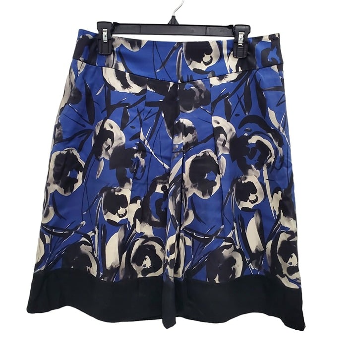 Ann Taylor Women's Blue Multi Abstract Rose Silk Wool Blend A-Line Skirt Size 8