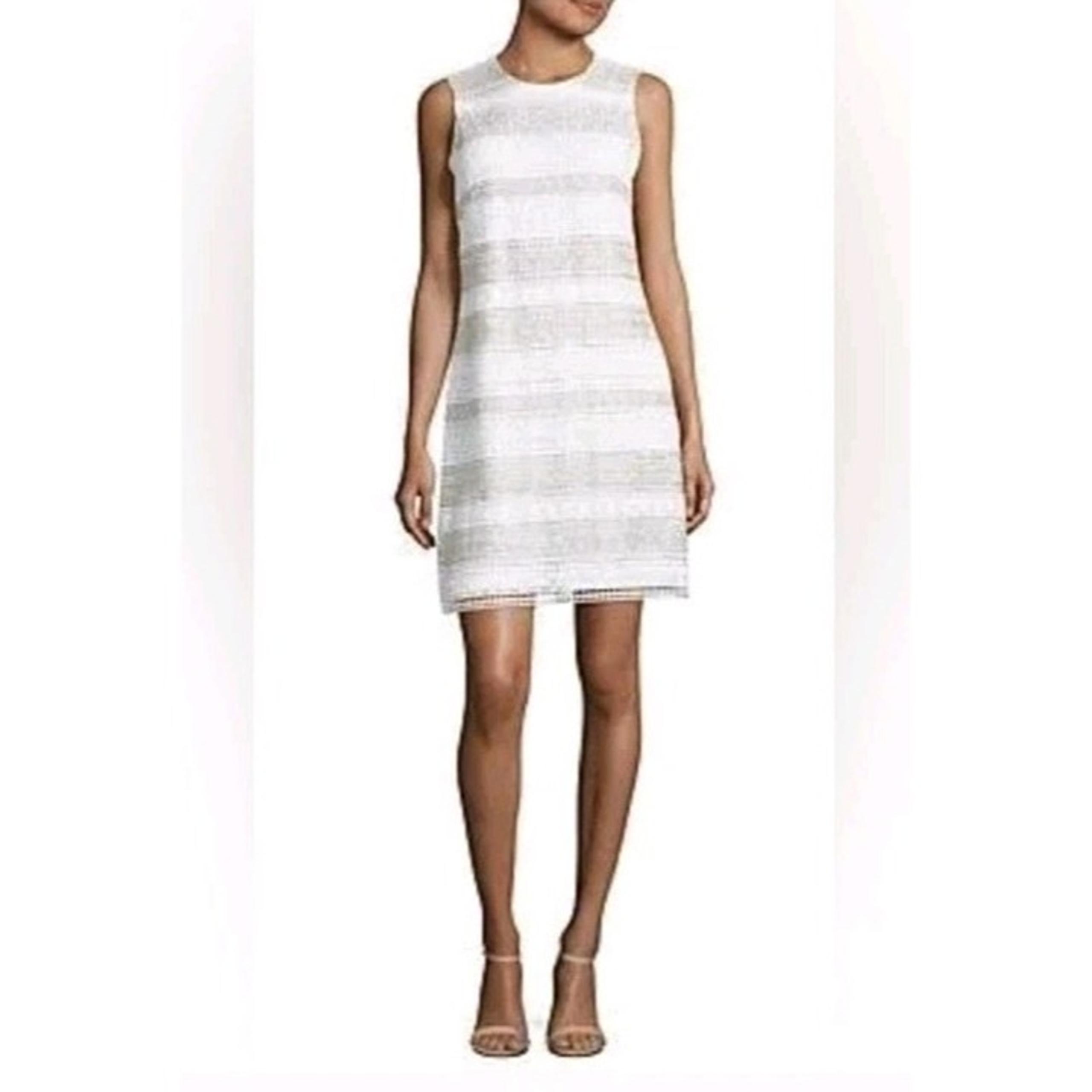 Calvin Klein White Beige Lace Shift Dress Size 16 Lined Back Zipper Sleeveless
