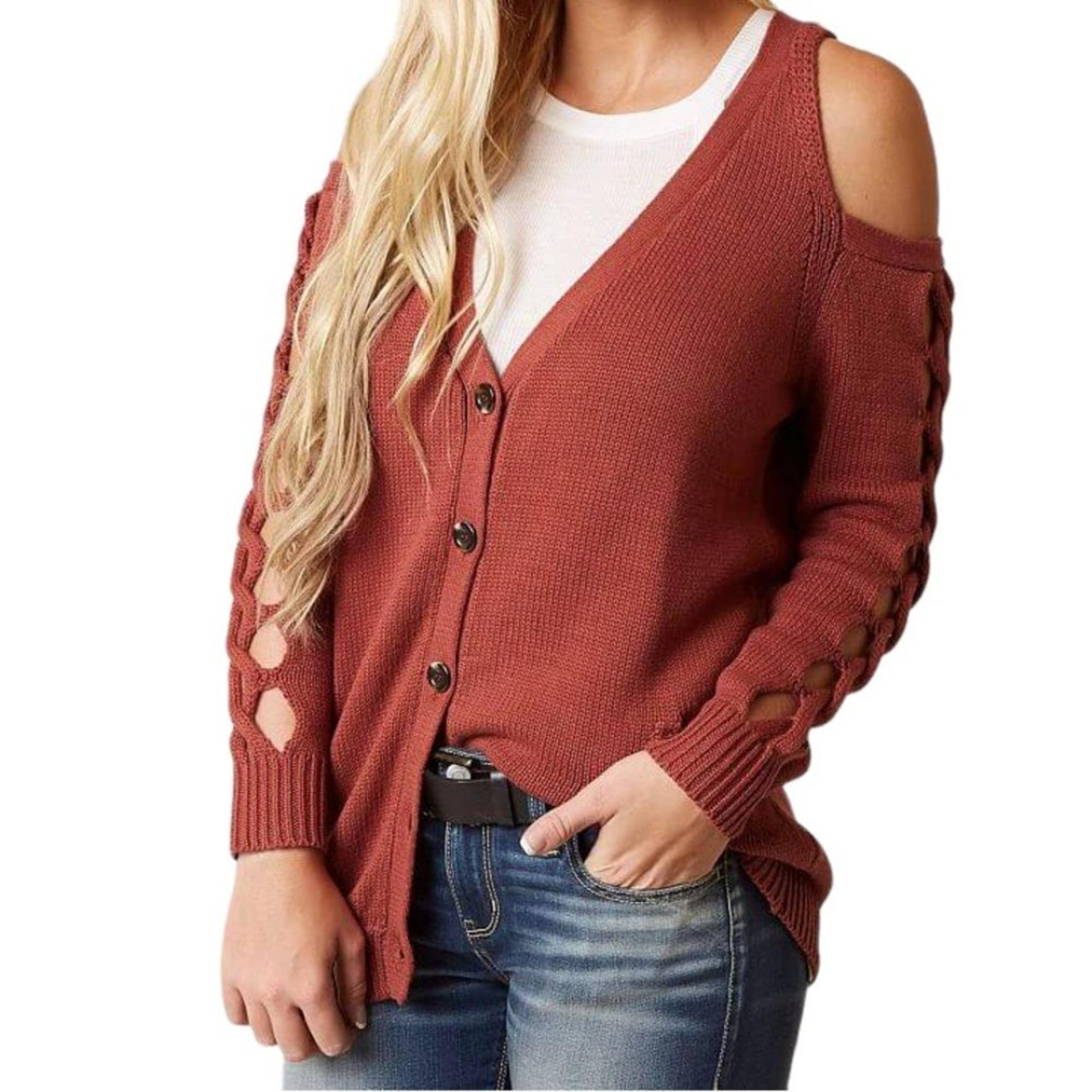 NWOT Daytrip Buckle Cold Shoulder Cardigan Sweater Reddish Henna Women's size M