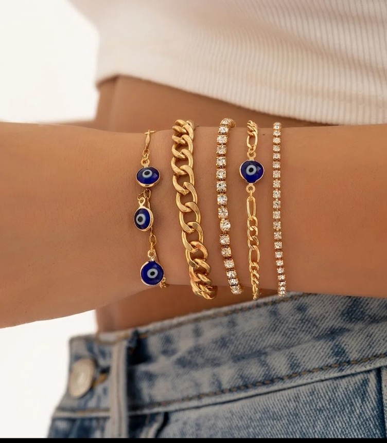 5pcs Zicron Hollow Chain Greek Evil Eye Tassel Bracelets Set NW