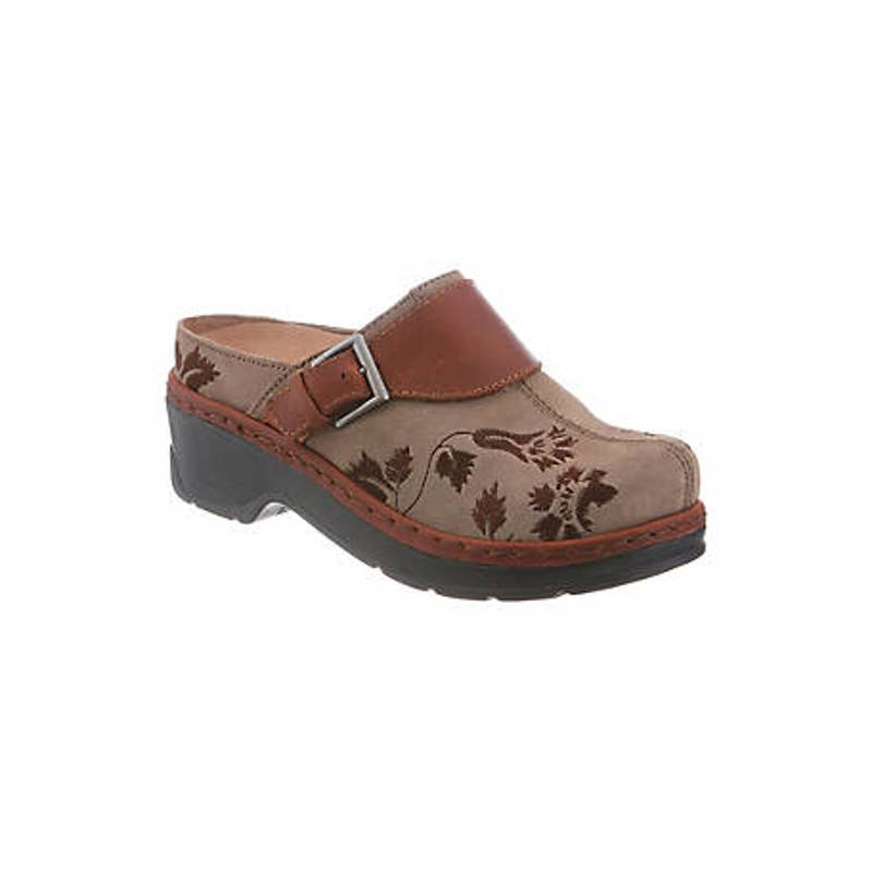 KLOGS Footwear Women's Brown Leather Floral Slip Resistant Austin Clogs size 8