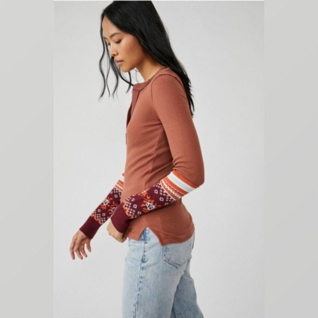 FREE PEOPLE Mikah Layering Cuff Top Thermal Autumn Combo Burnt Orange Sz S NWT