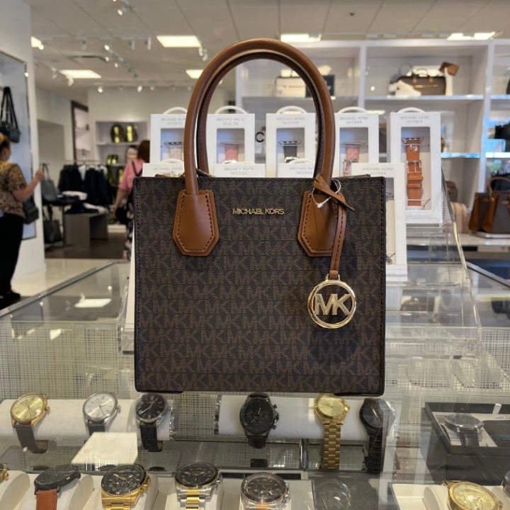 Michael Kors Mercer Medium Brown MK Signature Messenger Satchel Bag