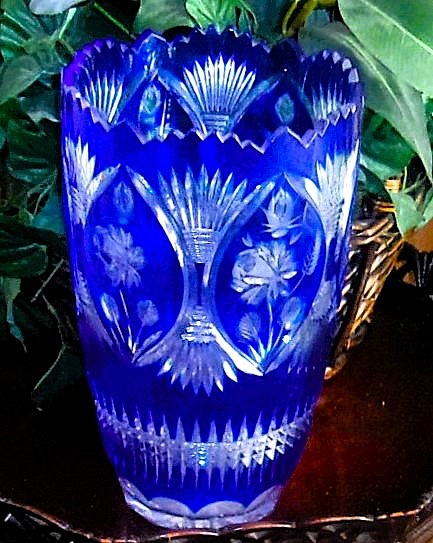 Fantastic Cobalt Blue Cut Glass To Clear Large Ornate Vase