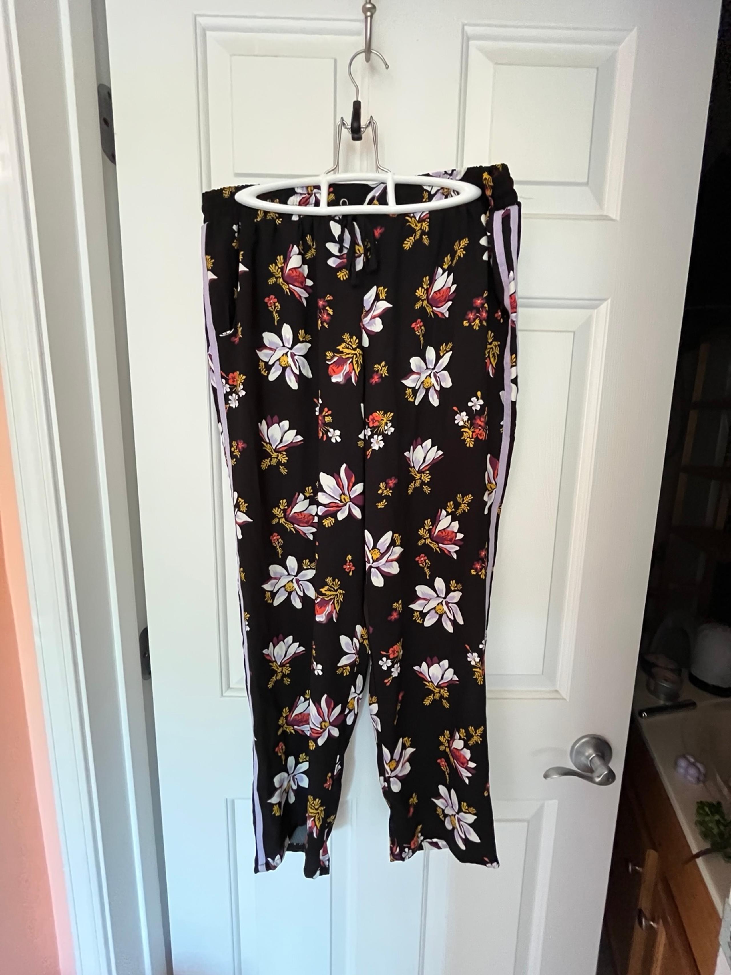 Black Floral Pants with Purple Striped Sides