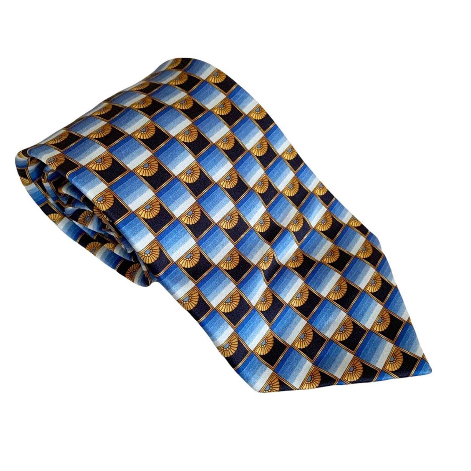Lanvin Paris Vintage Blue Gold Art Deco Print Silk Tie