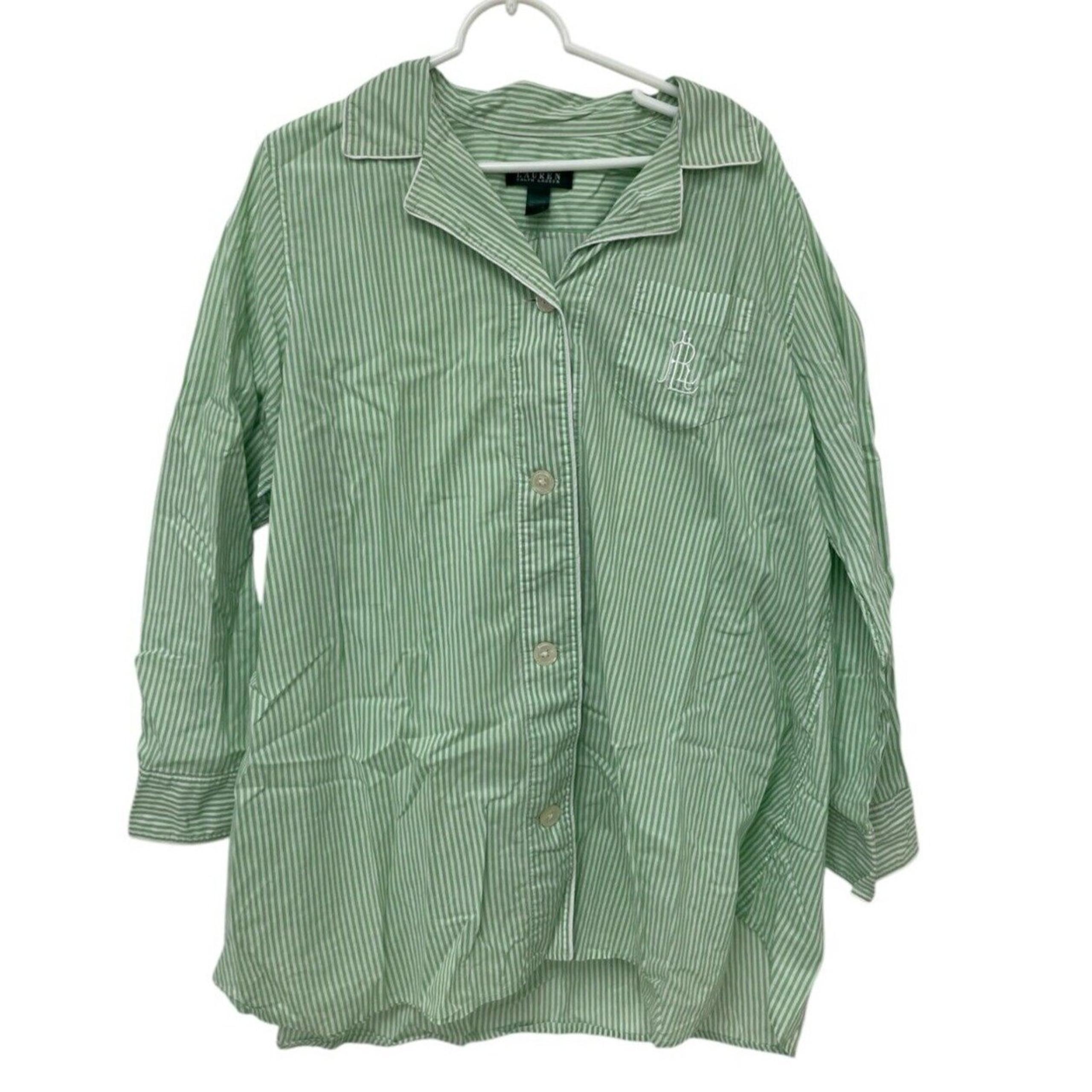 Lauren Ralph Lauren Striped Button Down Top Tunic Shirt Green White XL