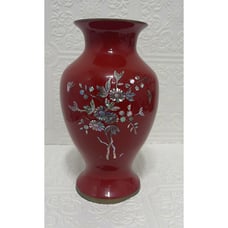 Vintage Enamel Mother Of Pearl Red Brass Vase 7 x4 Abalone Inlay Of Flowers