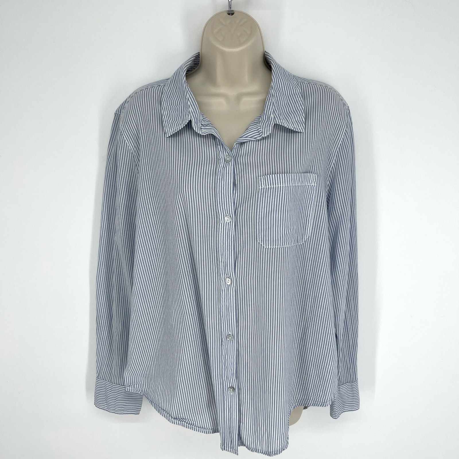 Lola River Womens Cotton Striped Button Front Shirt Sz L Lightweight Blue White