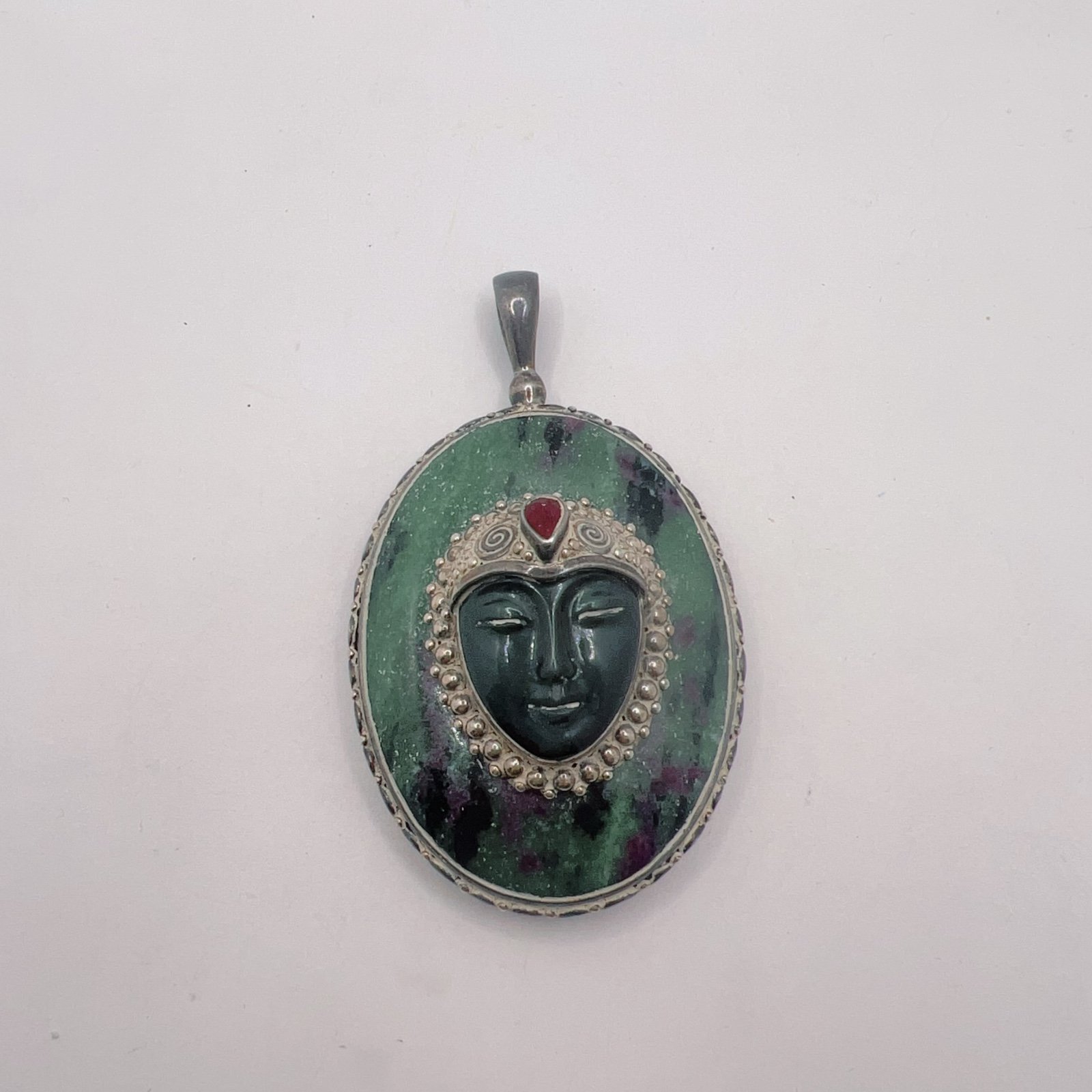 VTG Sterling Silver 925 Large Sajen Gemstone Green Goddess Face Pendant *Rare