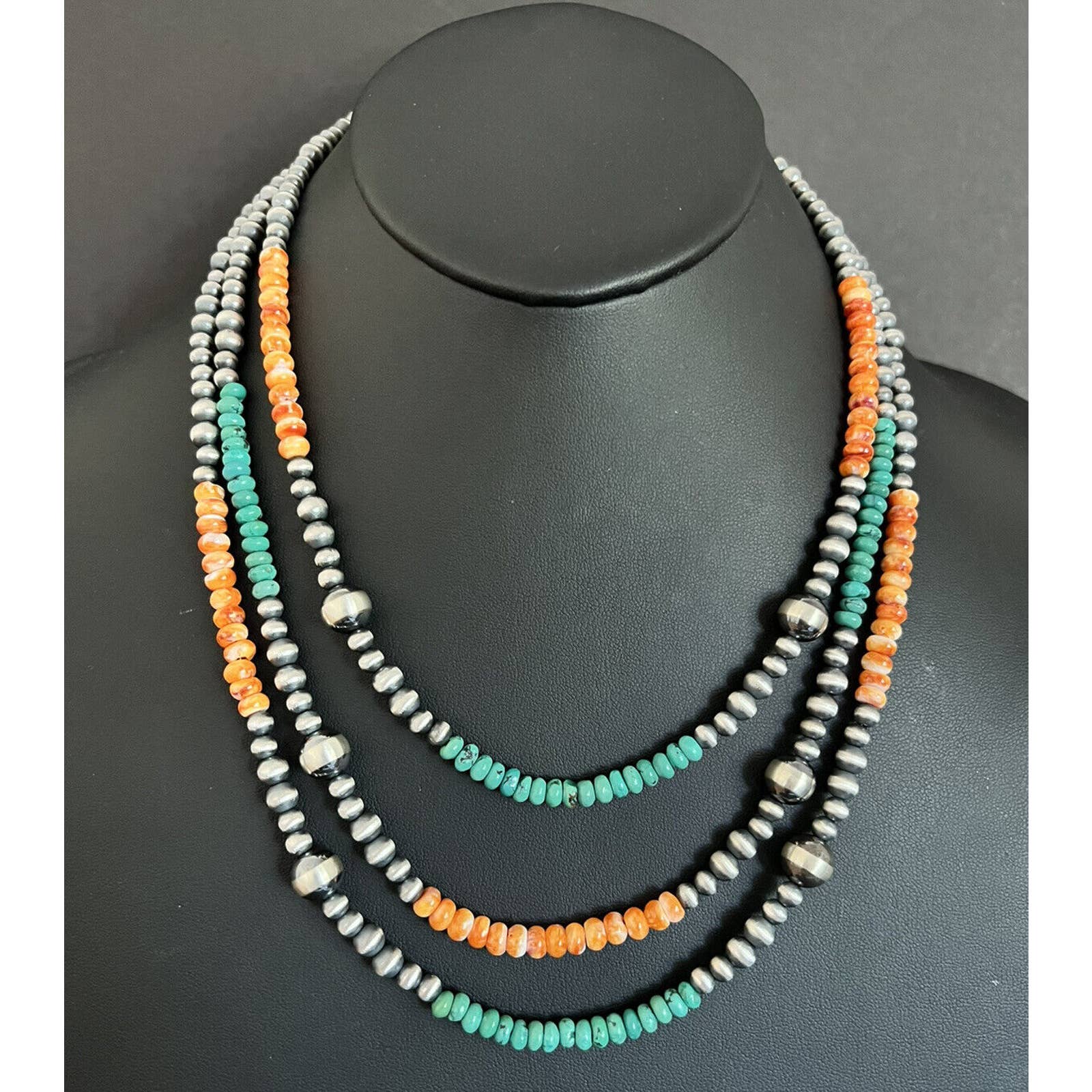 Sterling Silver Layered Multi Strand Turquoise Spiny Oyster Pearls Bead Necklace