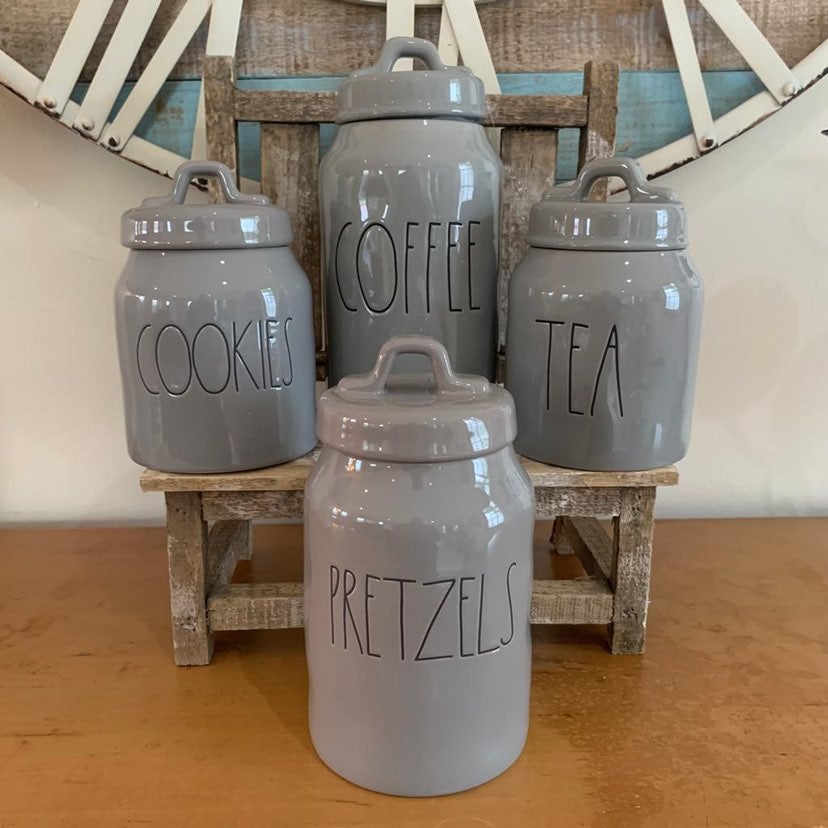 Rae Dunn Grey COFFEE PRETZELS TEA COO